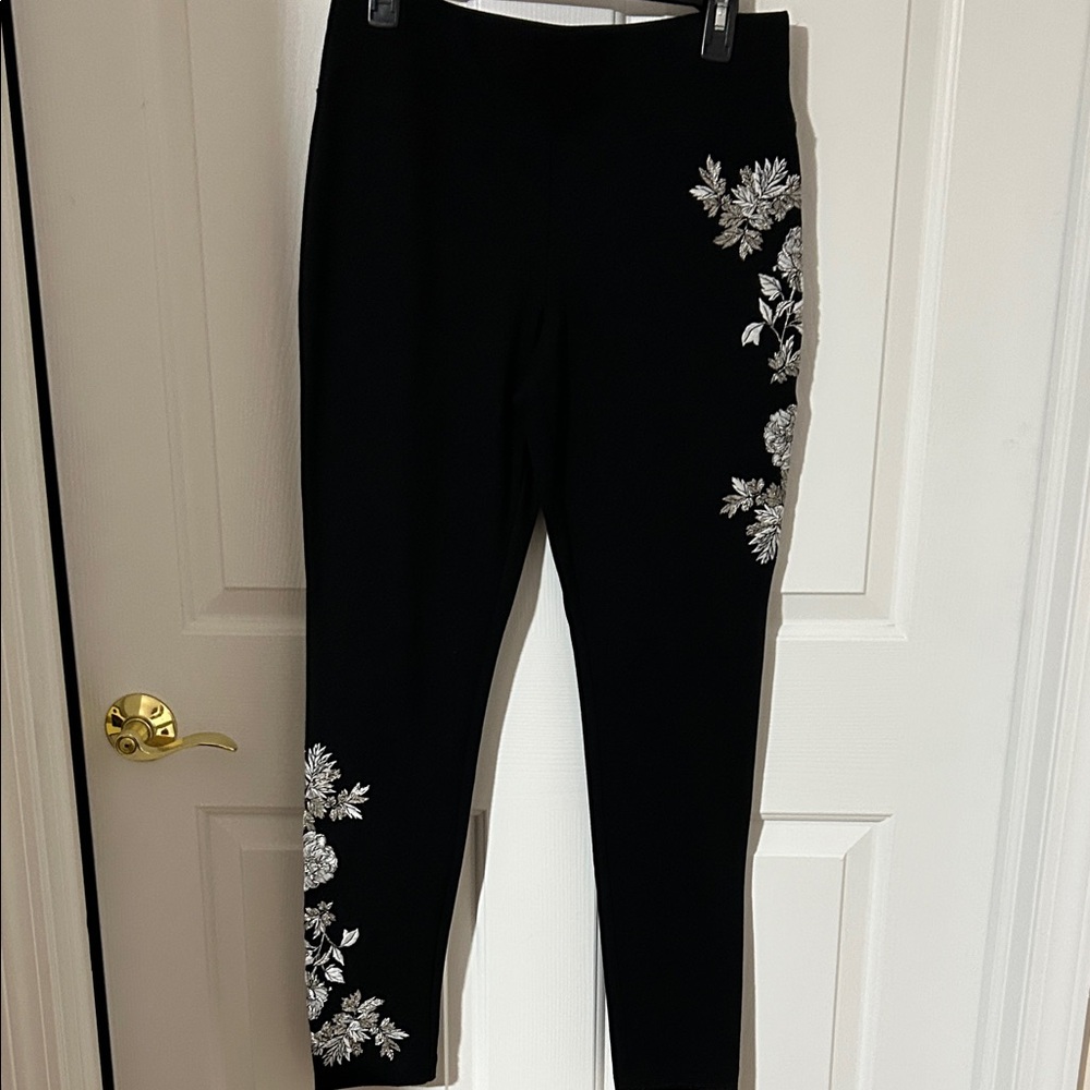 INC International Concepts Black Leggings with White Floral Embroidery